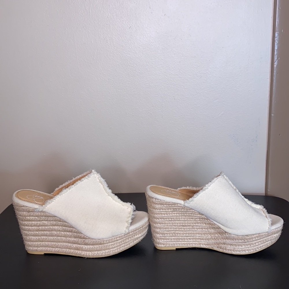 Women’s Cream Frayed Espadrille Wedge Slides - Picture 2 of 11